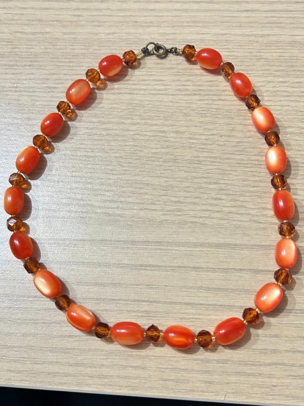 Vintage Orange Satin Sheen & Amber Glass Beaded Choker Necklace 16"